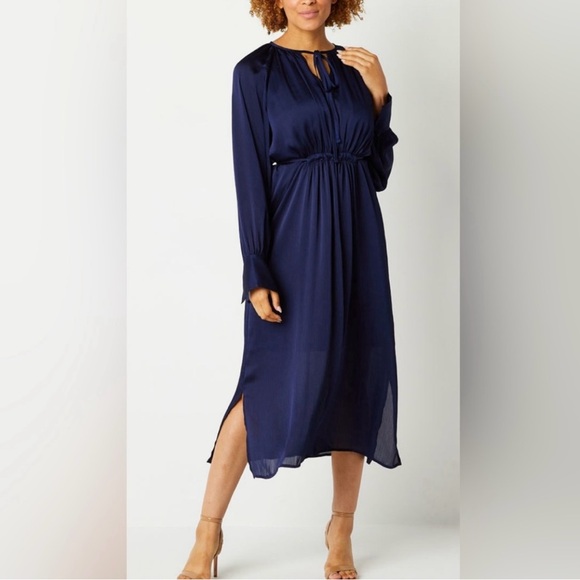 NWT Ryegrass Navy Blue Long Sleeve Tie Boho Midi Dress Size Large Minimal - Picture 1 of 11